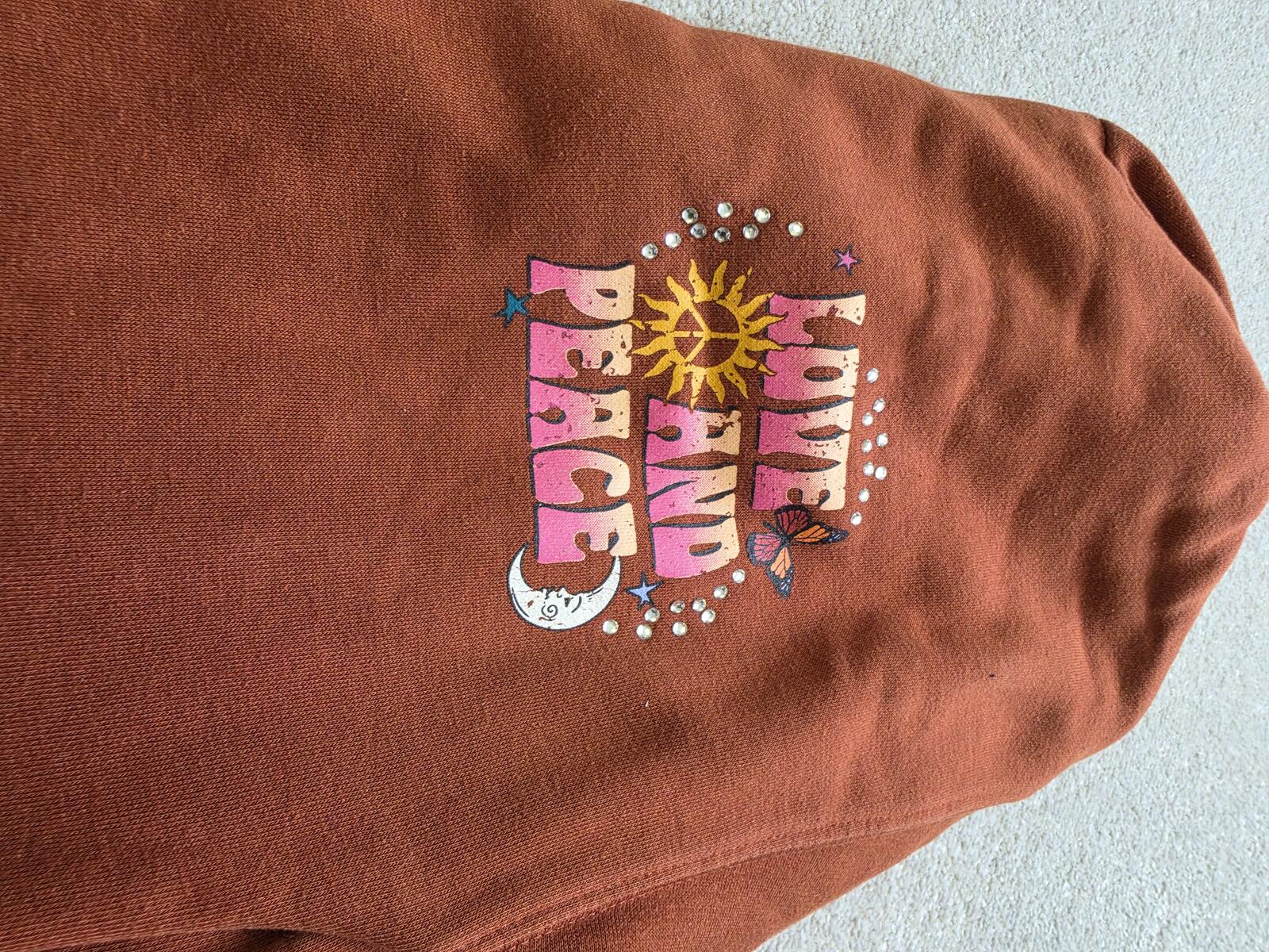 Brown Hoodie with 'Love and Peace' and 'Kindness' Prints