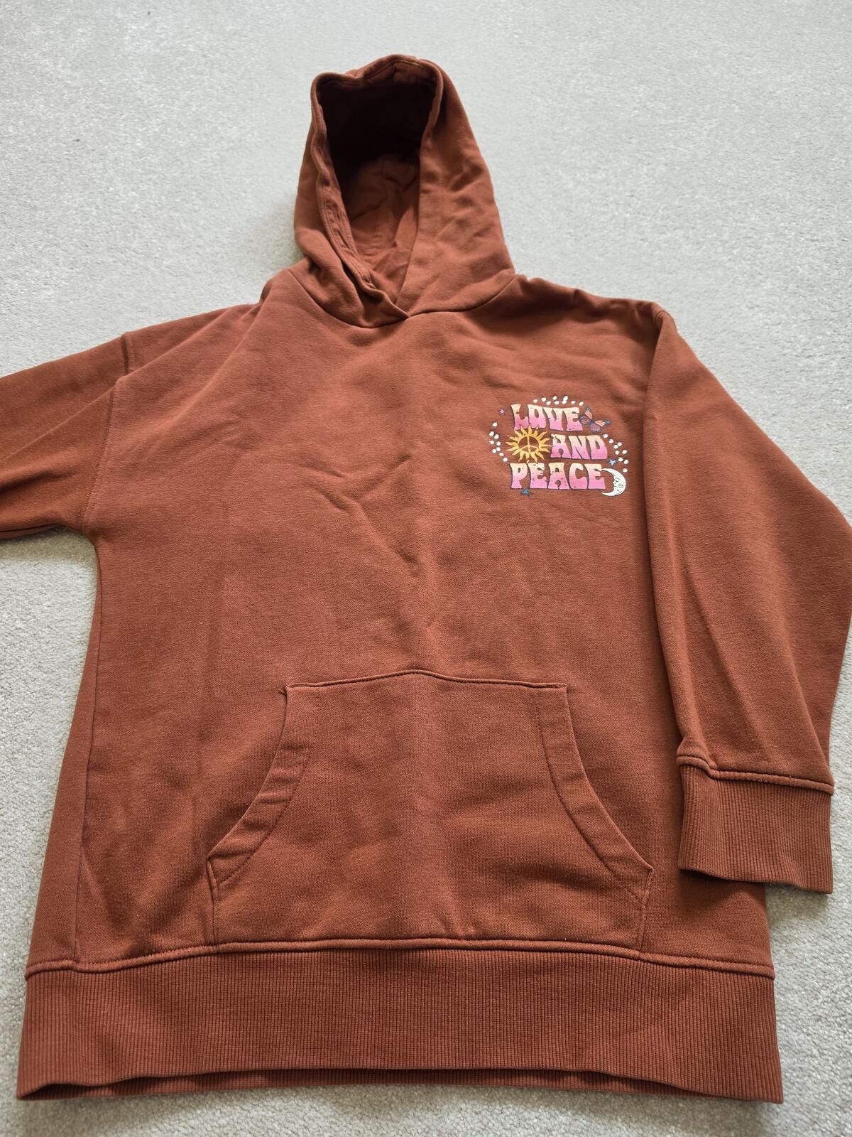 Brown Hoodie with 'Love and Peace' and 'Kindness' Prints