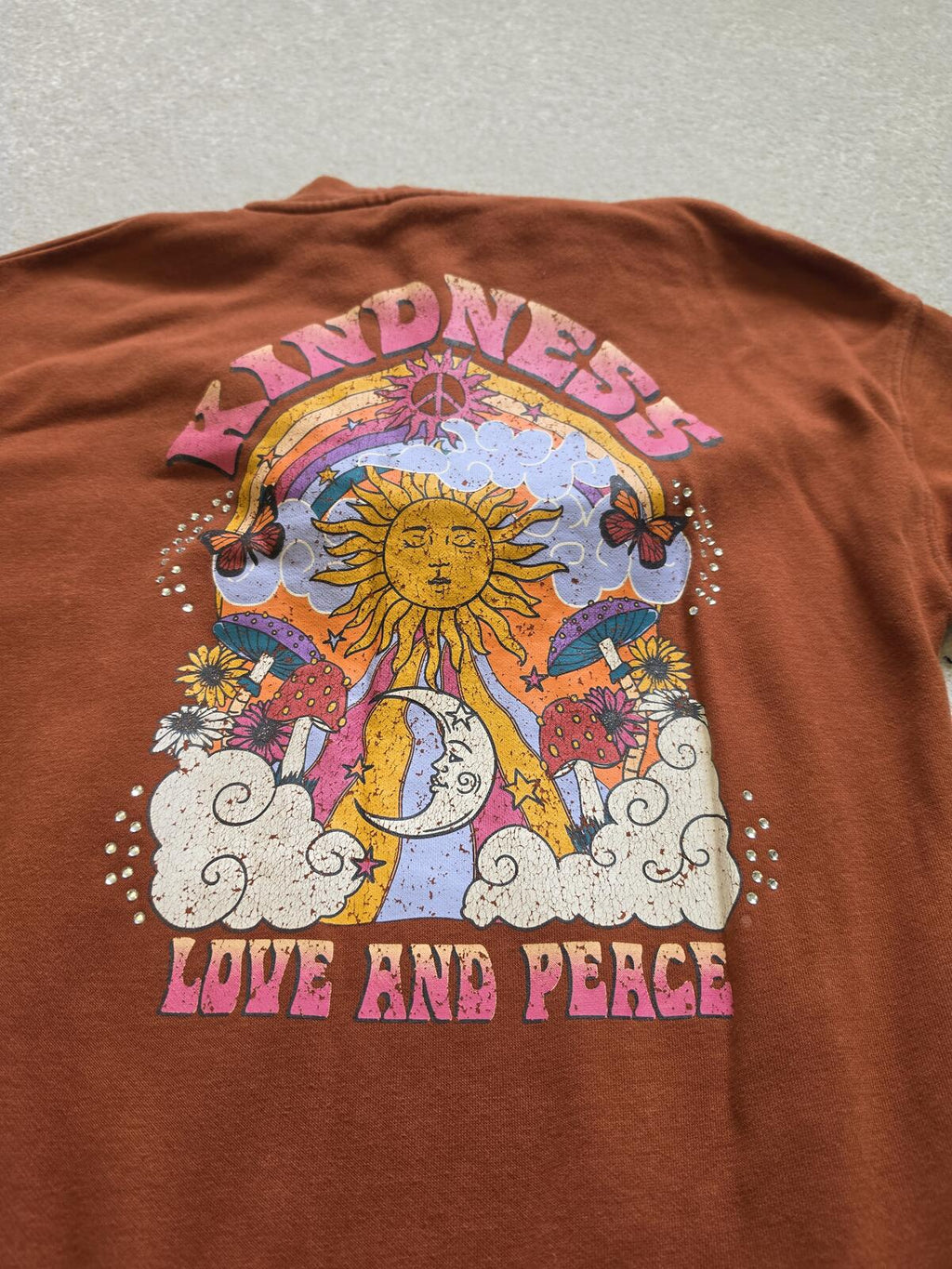 Brown Hoodie with 'Love and Peace' and 'Kindness' Prints