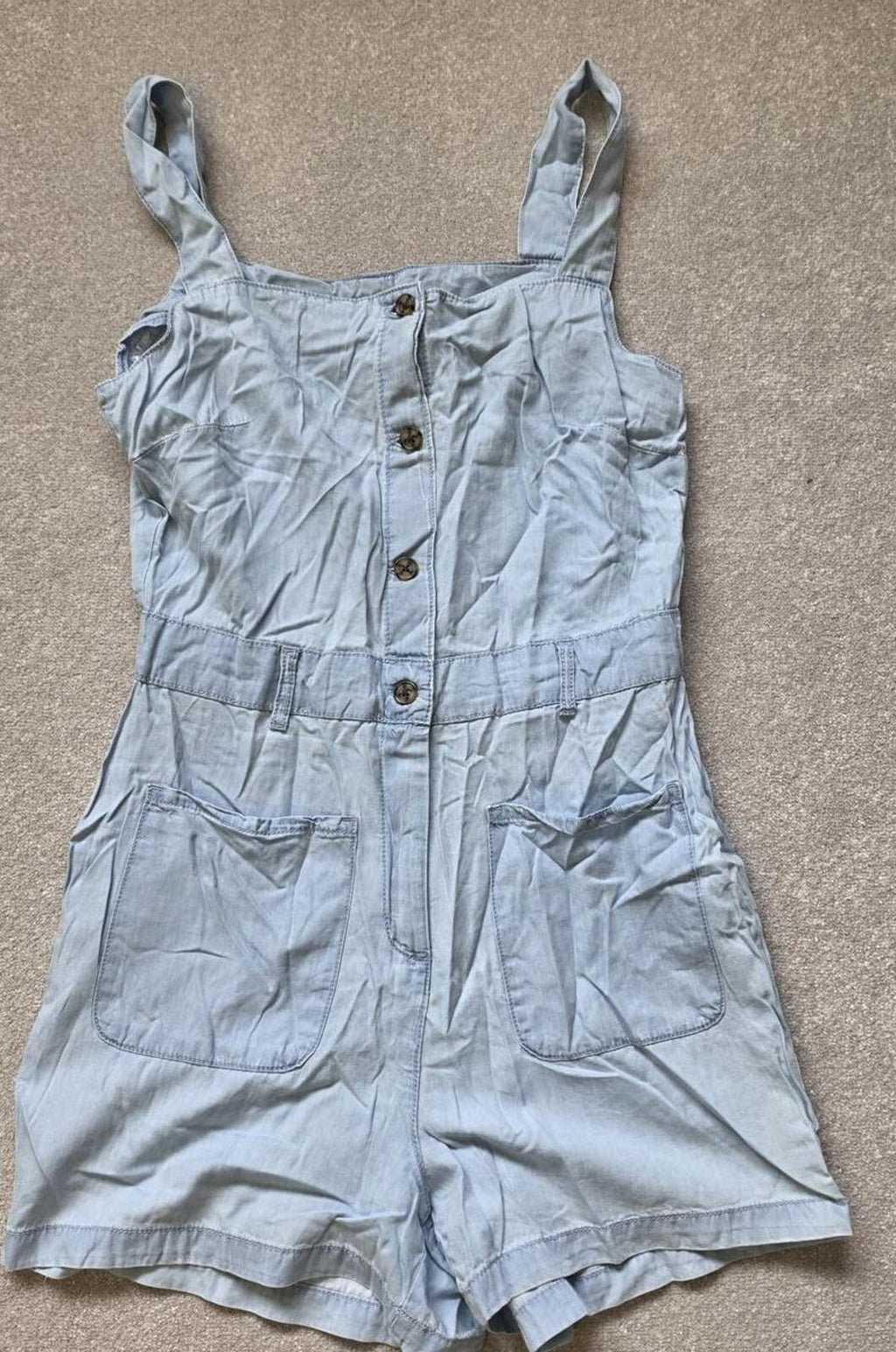 Light Blue Denim Button-Front Playsuit with Pockets