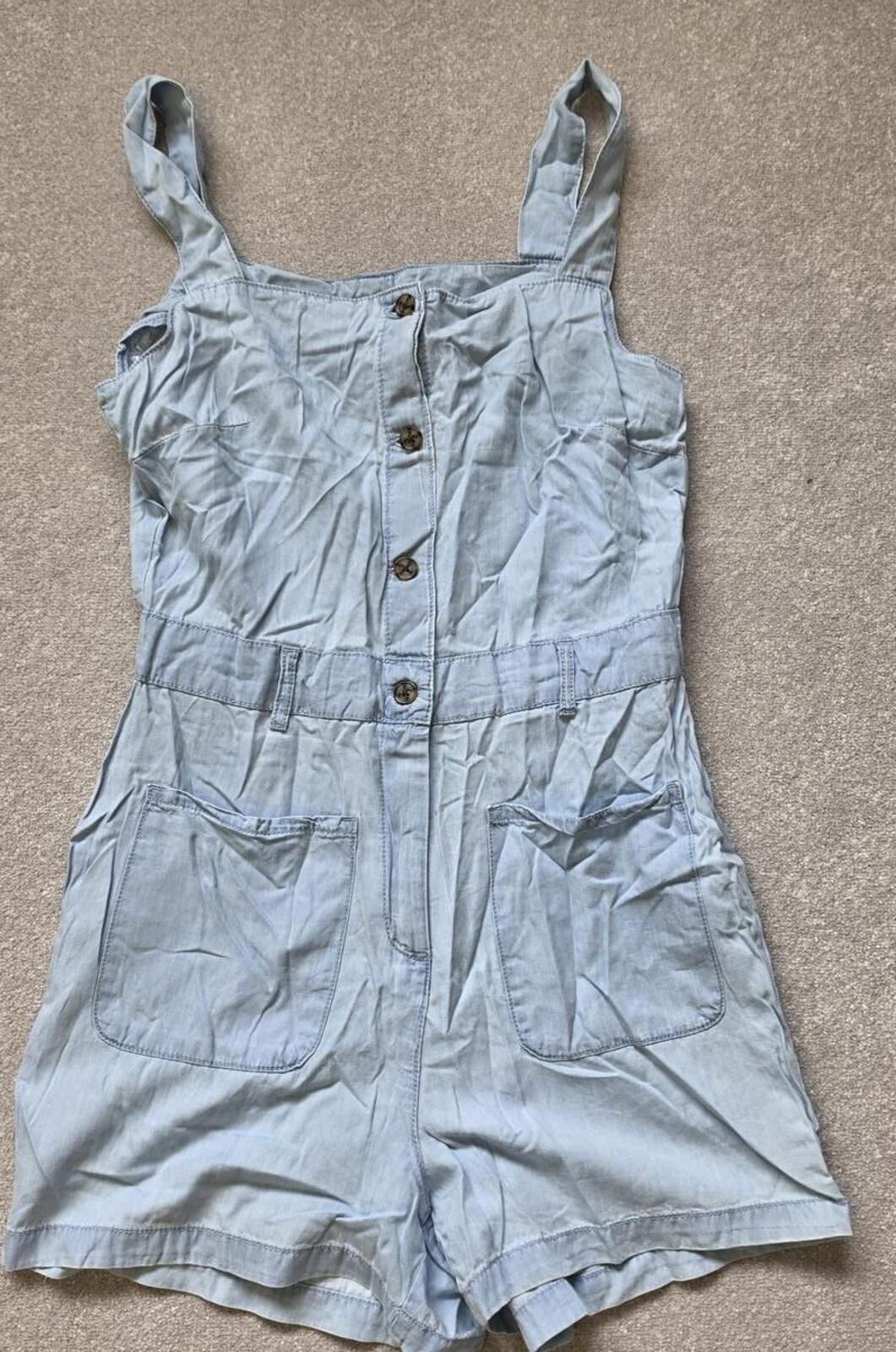 Light Blue Denim Button-Front Playsuit with Pockets