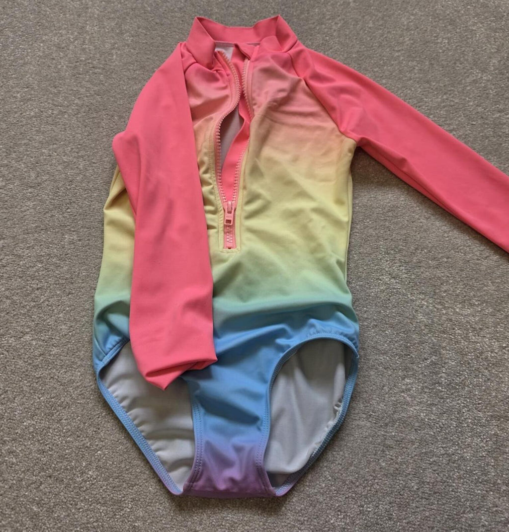 Girls' Rainbow Gradient Long Sleeve Swimsuit with Front Zip