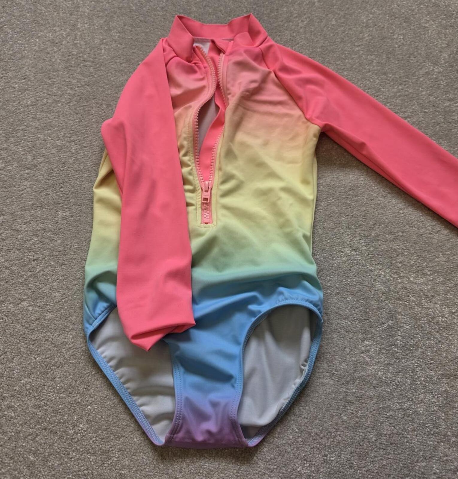 Girls' Rainbow Gradient Long Sleeve Swimsuit with Front Zip
